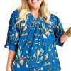 Elegant Blue Floral Notched V Neck Half Sleeve Plus Size Blouse for Women - Image 13