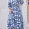 Plus Size Sky Blue Geometric Print Lace-up Notch Neck Maxi Dress - Image 2