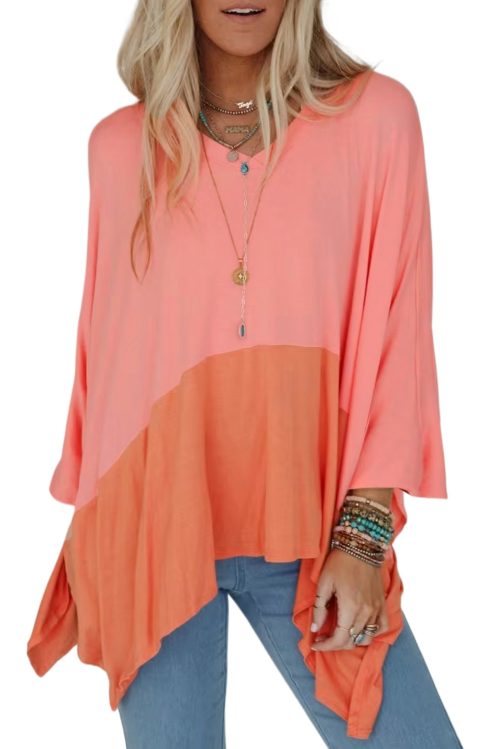 Women's Grapefruit Orange Contrast Color Patchwork Oversized Long Sleeve Top