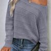 Women's Light Grey Boat Neck Drop Shoulder Pointelle Knit Sweater - Image 3