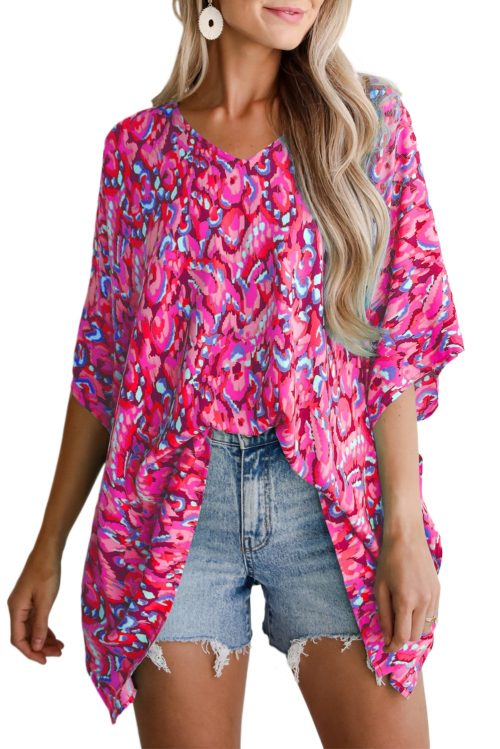 Women's Pink Abstract Print V Neck Half Sleeve Loose Fit Tunic Blouse for Casual and Vacation Wear