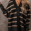 Women's Loose Fit Black Stripe V Neck Buttoned Drop Shoulder Cardigan - Image 5