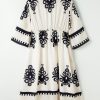 Women's Beige Geometric Print 3/4 Sleeve Loose Midi Dress - Image 6