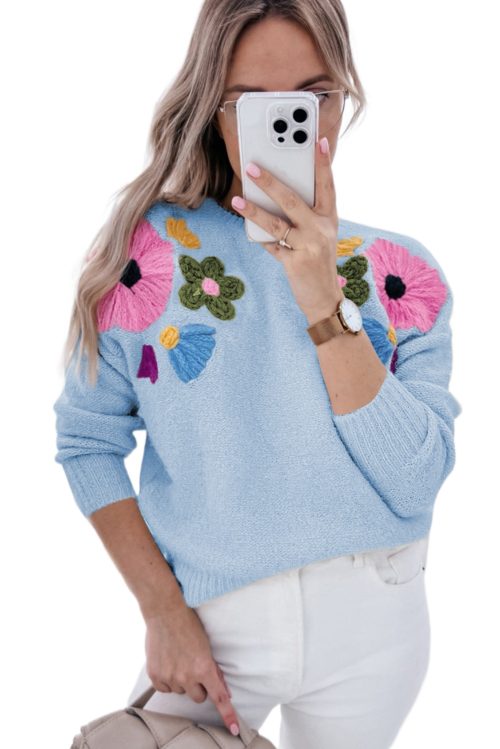 Women's Light Blue Knitted Sweater with Floral Pattern and Ribbed Edge