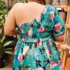 Plus Size Green Floral Smocked Bodice Babydoll Blouse with Puff Short Sleeves - Image 2