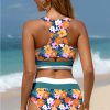 Women's Green Floral Print 2-Piece Bikini - Racerback Cutout High Waist Swimsuit - Image 9