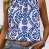 Women's Blue Vintage Print Pintuck Crew Neck Tank Top - Bohemian Style - Image 4