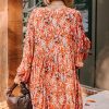 Plus Size Orange Floral Print Split V Neck Bubble Sleeve Midi Dress - Image 2