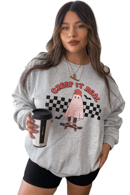 Plus Size Light Grey Ghost Print Crew Neck Sweatshirt - Creep It Real