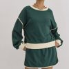 Trendy Women's Evergreen Color Contrast Loose Pullover and Lace-Up Waist Skort Set - Image 8