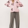 Women's Light Pink Bow Pattern Knitted Loose Fit Sweater for Casual Style - Image 6