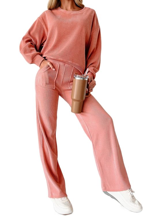 Women's Blossom Pink Casual Lounge Set with Drop Shoulder and Pocket