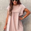 Chic Women's Oatmeal Frilled Trim Crew Neck Loose Fit Mini Dress - Image 7