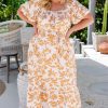 Plus Size Apricot Floral Print Puff Short Sleeve Maxi Dress for Women - Image 6