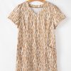 Women's Khaki Abstract Print V Neck Short Sleeve Shift T-Shirt Dress - Image 16