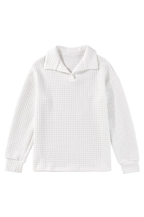 Women's White Quilted Texture Sporty Long Sleeve Collared Top