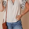 Women's White Floral Embroidered Short Sleeve V Neck Blouse for Summer - Image 5