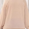 Women's Plus Size Beige Lace Patchwork Buttons Waffle Knit Top - Image 3