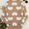 Women's Khaki Contrast Heart Pattern Round Neck Sweater - Casual Relaxed Fit - Image 10