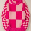 Women's Rose Red Mixed Checkered Pattern Drop Shoulder Sweater - Image 6