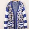 Women's Dark Blue Stripe Sleeve Leopard Print Open Front Cardigan with Pockets - Image 6