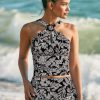 Chic Women's Black Abstract Printed Buckle Crossed Straps Skirted Tankini 2pcs Swimsuit - Image 3