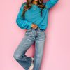 Women's Turquoise Ruffled Eyelet Bubble Sleeve Knit Sweater - Image 13