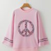 Women's Light Pink Floral Peace Sign Graphic Drop Shoulder Casual Top - Image 6