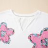 Women's White Floral Applique Notched V Neck Dolman Sleeve Top - Casual Summer Style - Image 7