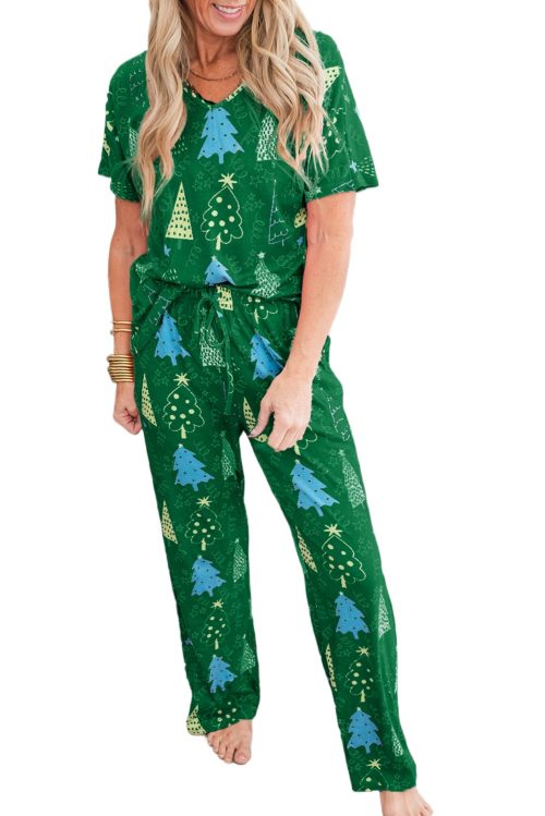 Women's Green Christmas Tree Print V Neck Tee and Pants Lounge Set