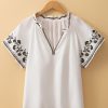 Women's White Floral Embroidered Short Sleeve V Neck Blouse for Summer - Image 8