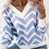 Women's Sky Blue Zigzag Striped Print V Neck Oversized Long Sleeve Top - Image 3