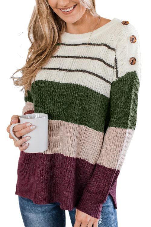 Women's Green Color Block Striped Buttoned Shoulder Split Sweater