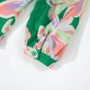 Women's Green Floral Print Button Up Pleated Puff Sleeve Loose Shirt - Image 9