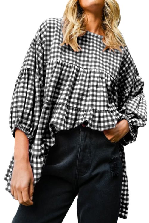 Women's Black Checkered Puff Sleeve Tiered Loose Babydoll Blouse