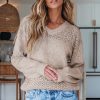 Women's Brown Eyelet Pattern V Neck Drop Shoulder Sweater - Casual Chic for Fall - Image 9