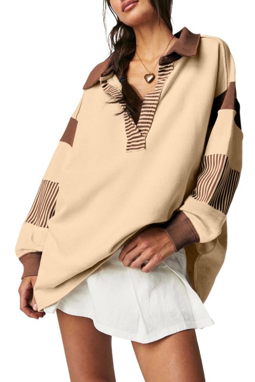 Women's Light French Beige Striped Colorblock Patchwork Collar Sweatshirt