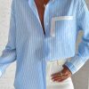 Women's Sky Blue Stripe Contrast Cuffed Sleeve Casual Shirt with Patch Pocket - Image 4