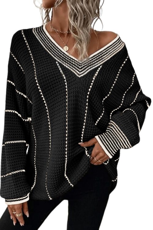 Women's Colorblock Black Striped V Neck Knitted Loose Sweater