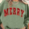 Women's Grass Green MERRY Letter Printed Corded Baggy Sweatshirt for Christmas - Image 6
