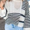 Women's White Stripe Hollow-out Openwork Knit Puff Sleeve Sweater - Image 2