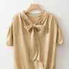 Chic Women's Gold Metallic Ruched Sleeve Blouse with Back Knot Detail - Image 6