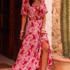 Women's Red Paisley Print Puff Sleeve High Waist Maxi Dress with Side Slit - Image 6