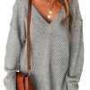 Women's Light Grey Loose Fit Eyelet V Neck Drop Shoulder Sweater - Image 13