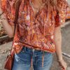 Women's Orange Floral Print Ruffled Flutter Sleeve Frilled V Neck Blouse - Image 4