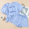 Women's Sky Blue Striped Bowknot Detail Puffy Sleeve Top and Shorts 2-Piece Set - Image 4