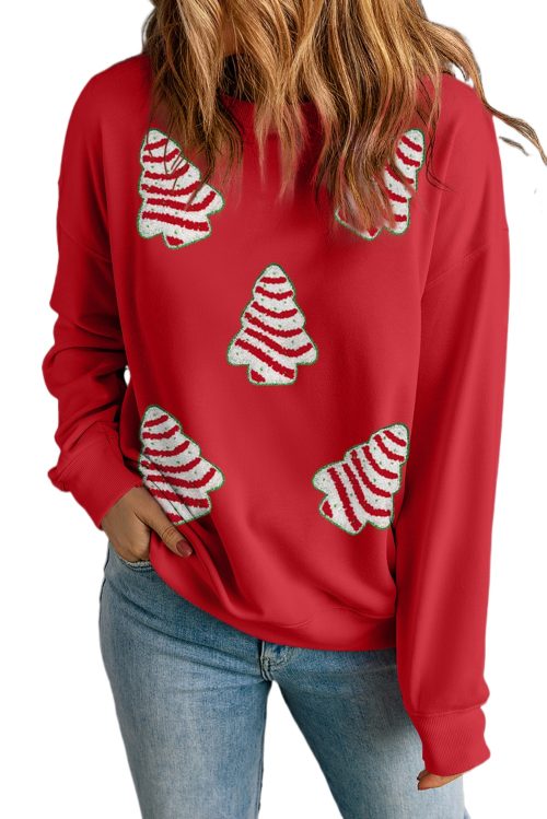 Women's Festive Red Christmas Tree Patched Dropped Shoulder Sweatshirt