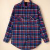 Women's Navy Blue Plaid Flap Pocket Button Up Shacket - Image 3