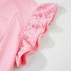 Chic Pink Textured Pearled Ruffled Sleeve Wide Leg Pants Set for Women - Image 13