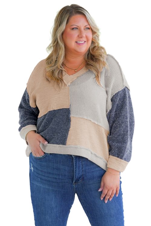 Ashleigh Blue Plus Size Textured Colorblock Patchwork V Neck Long Sleeve Top